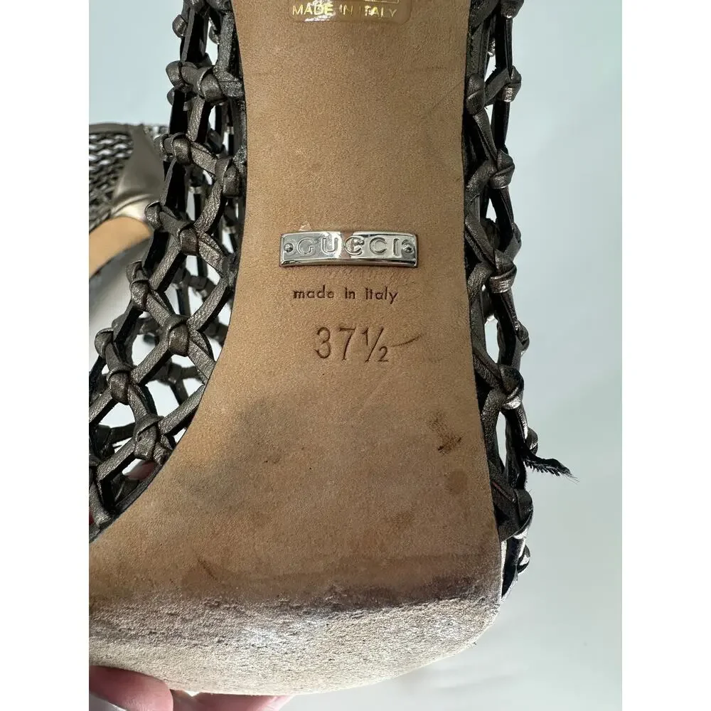 Gucci Eline Metallic Bronze Woven Leather Cage Peep Toe Booties Women's EU 37.5